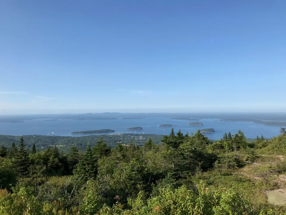 Island-dotted bay seen from Cadillac Mountain summit, Acadia