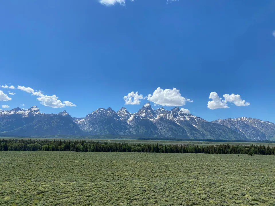 Snowy Teton Range rising above green sagebrush flats, puffy clouds