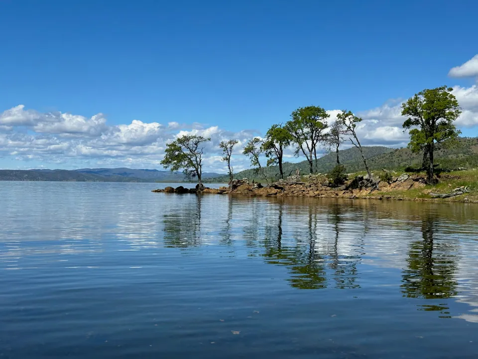 Glassy lake with tree-lined point reflected in calm water
