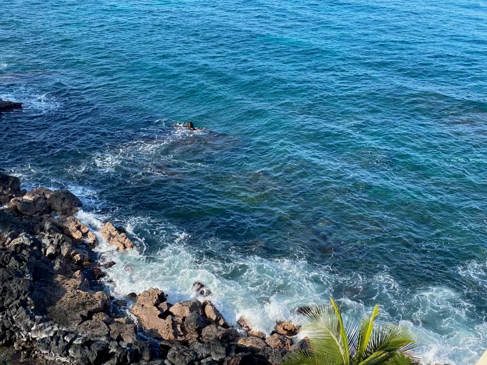 Waves breaking white on black lava rocks, vivid blue water