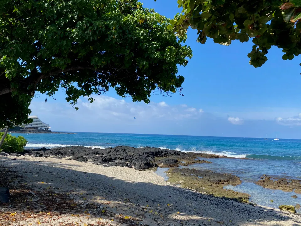 Hawaii cove with lava rocks and blue sea under tree canopy