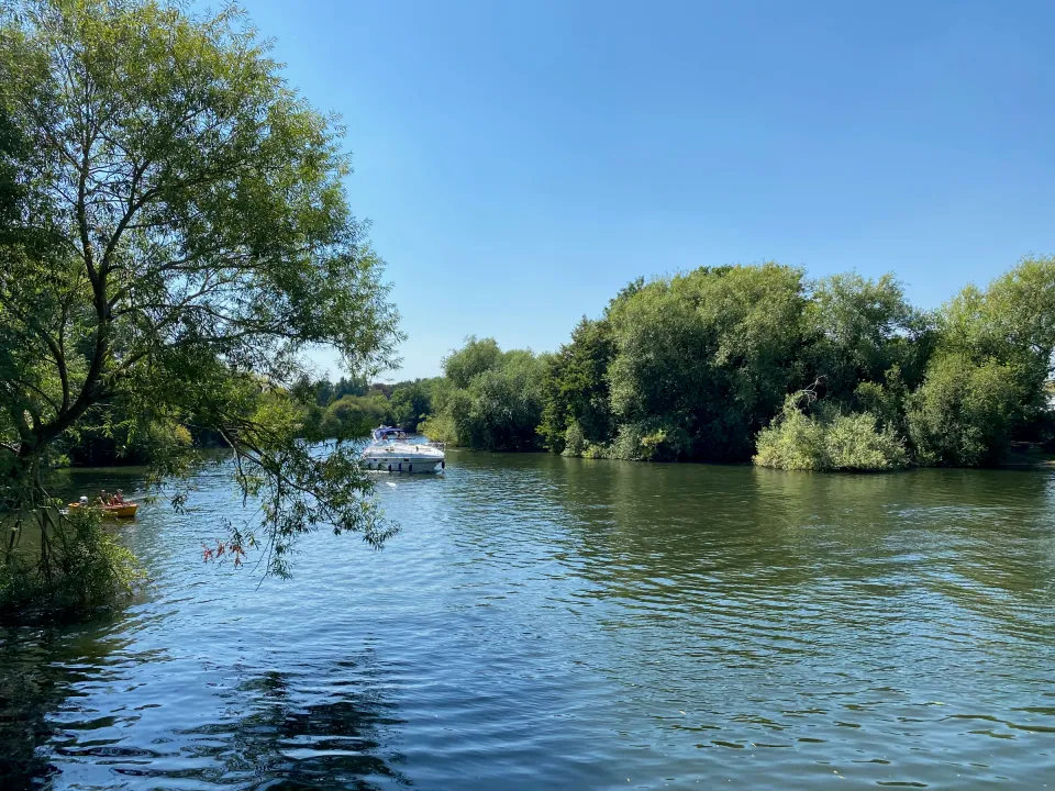 River Thames bend with leafy wooded banks, summer blue sky