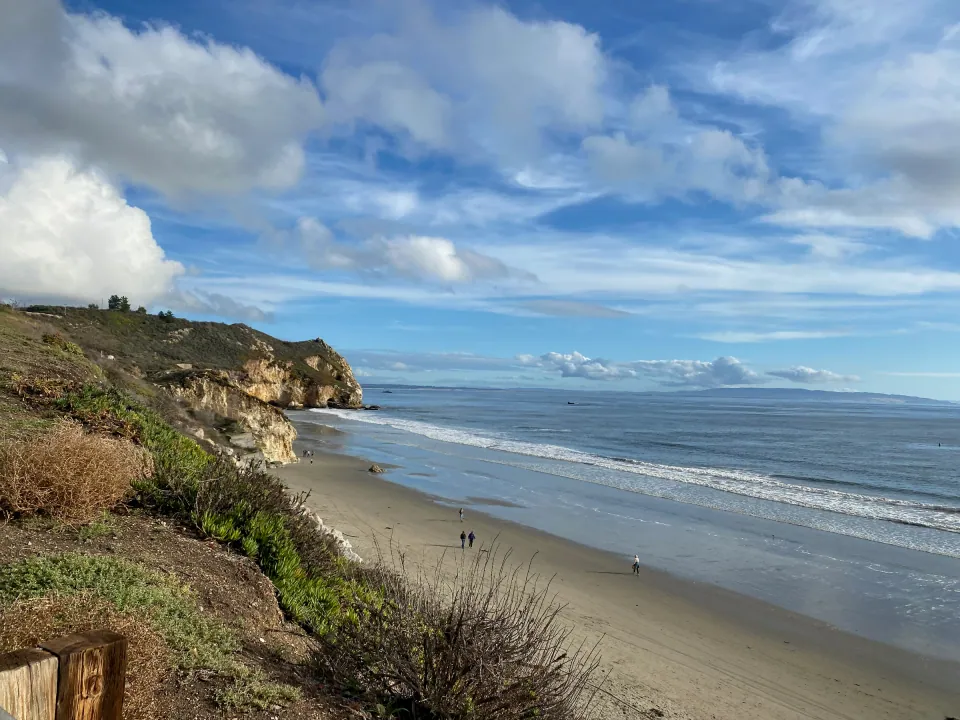 Coastal bluff above long sandy beach and blue Pacific