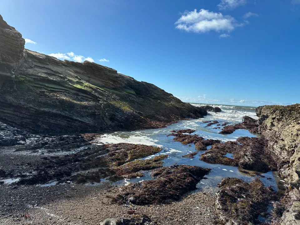 Rocky tidepool coastline with surf under bright sky