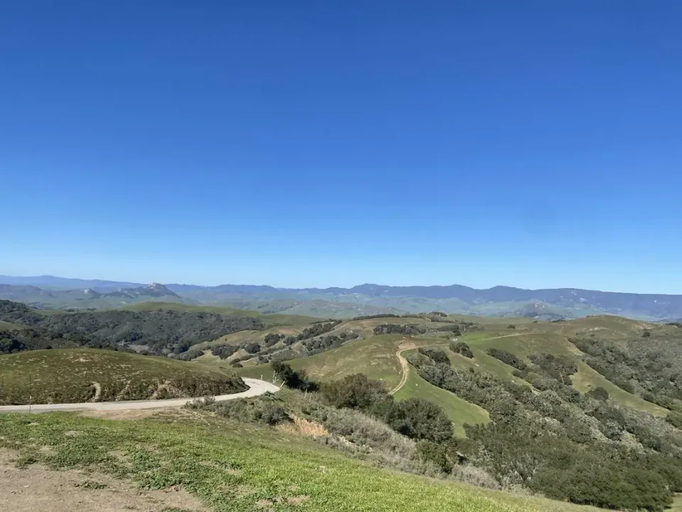 Ranch road curving through green hills under a deep blue sky
