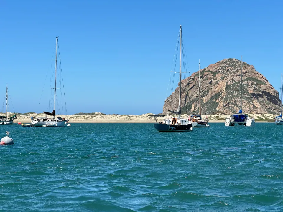 Sailboats moored in the bay below Morro Rock