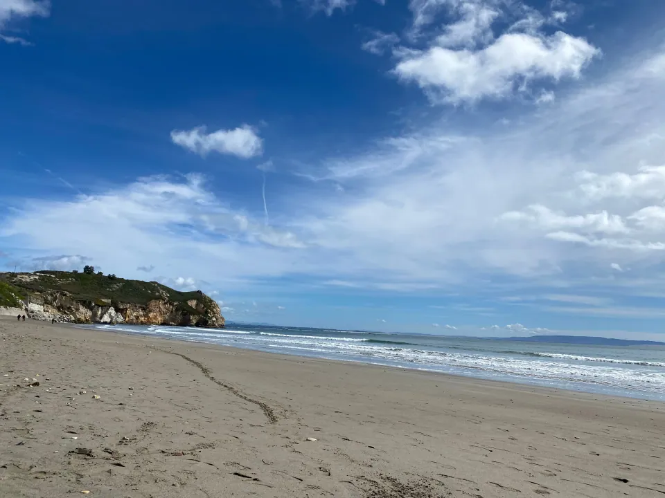 Empty beach curving toward a green headland