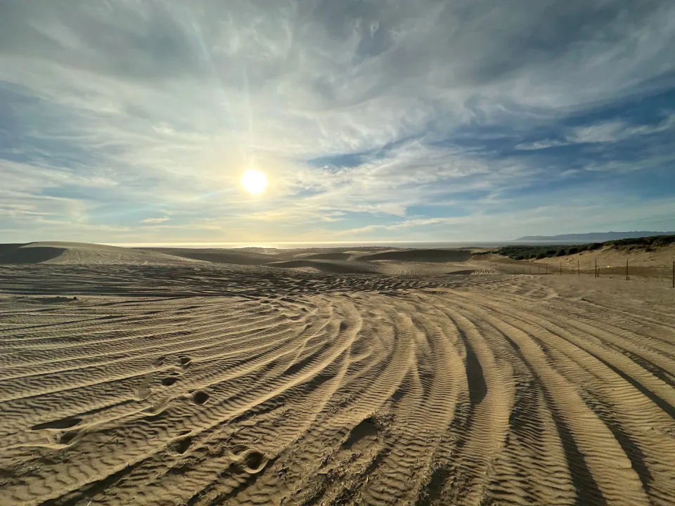 Tire tracks in the dunes toward a low sun