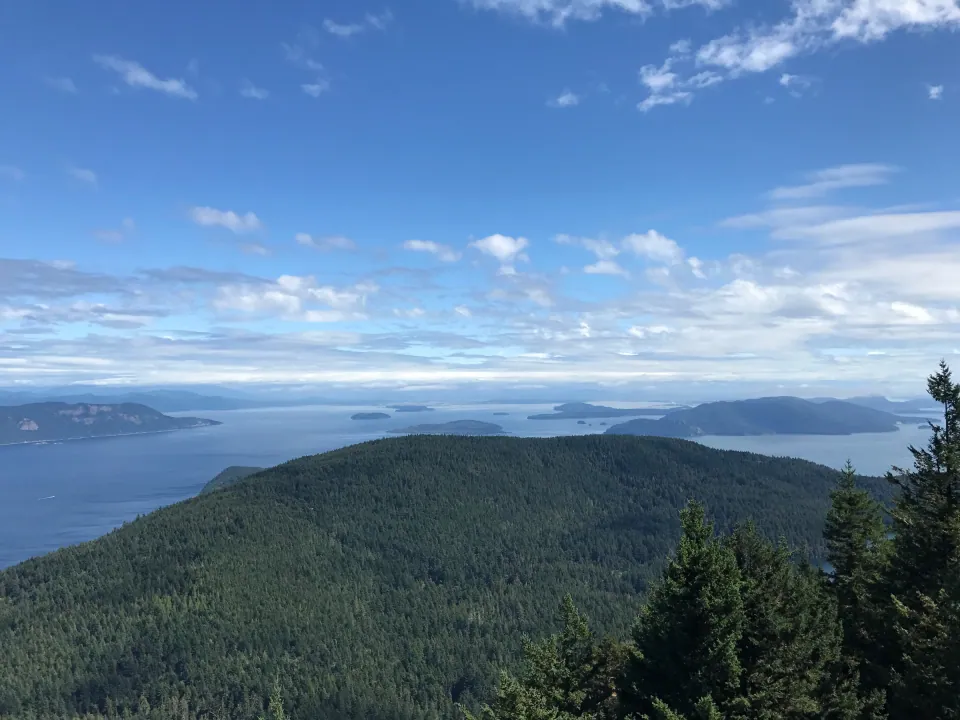 San Juan Islands from mountain summit, forested islands and blue sound