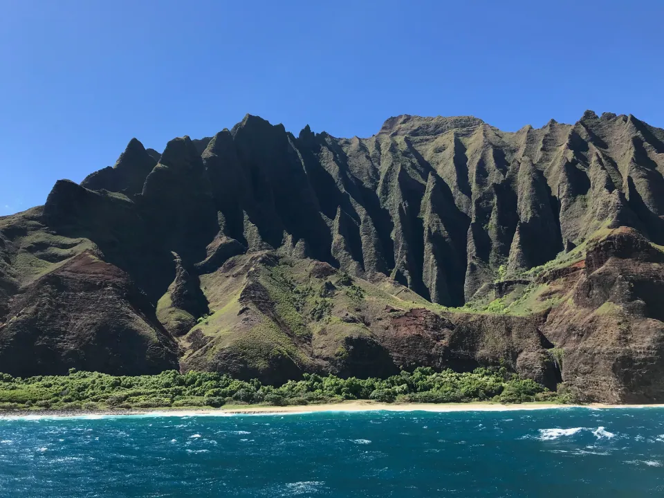 Na Pali Coast green fluted cliffs above turquoise Pacific